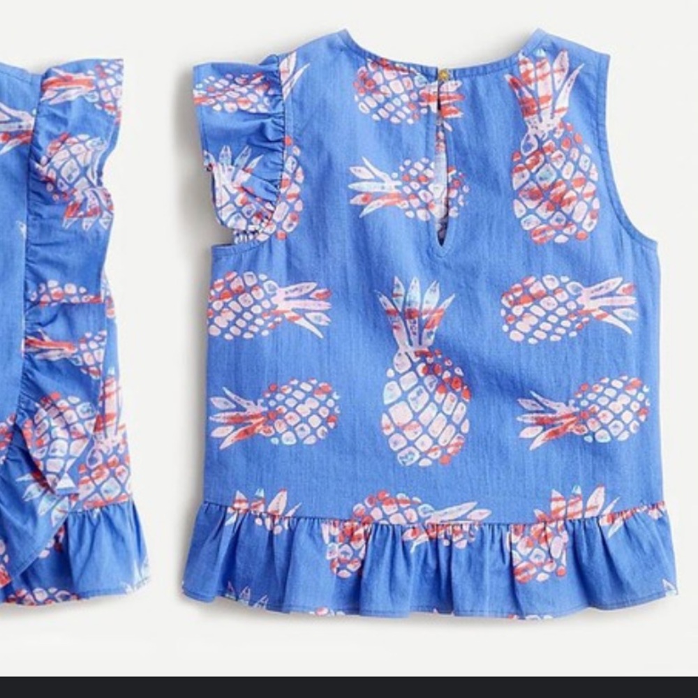 Crewcuts Girls Asymetrical Ruffle Cotton Blue and Pink Painted Pineapple Top  10